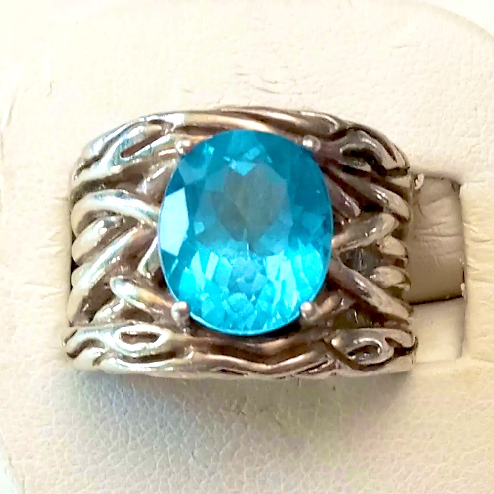 EFFY Bright Blue Oval Topaz Silver 925 Ring, Heavy 14.9g, Unique Roots look